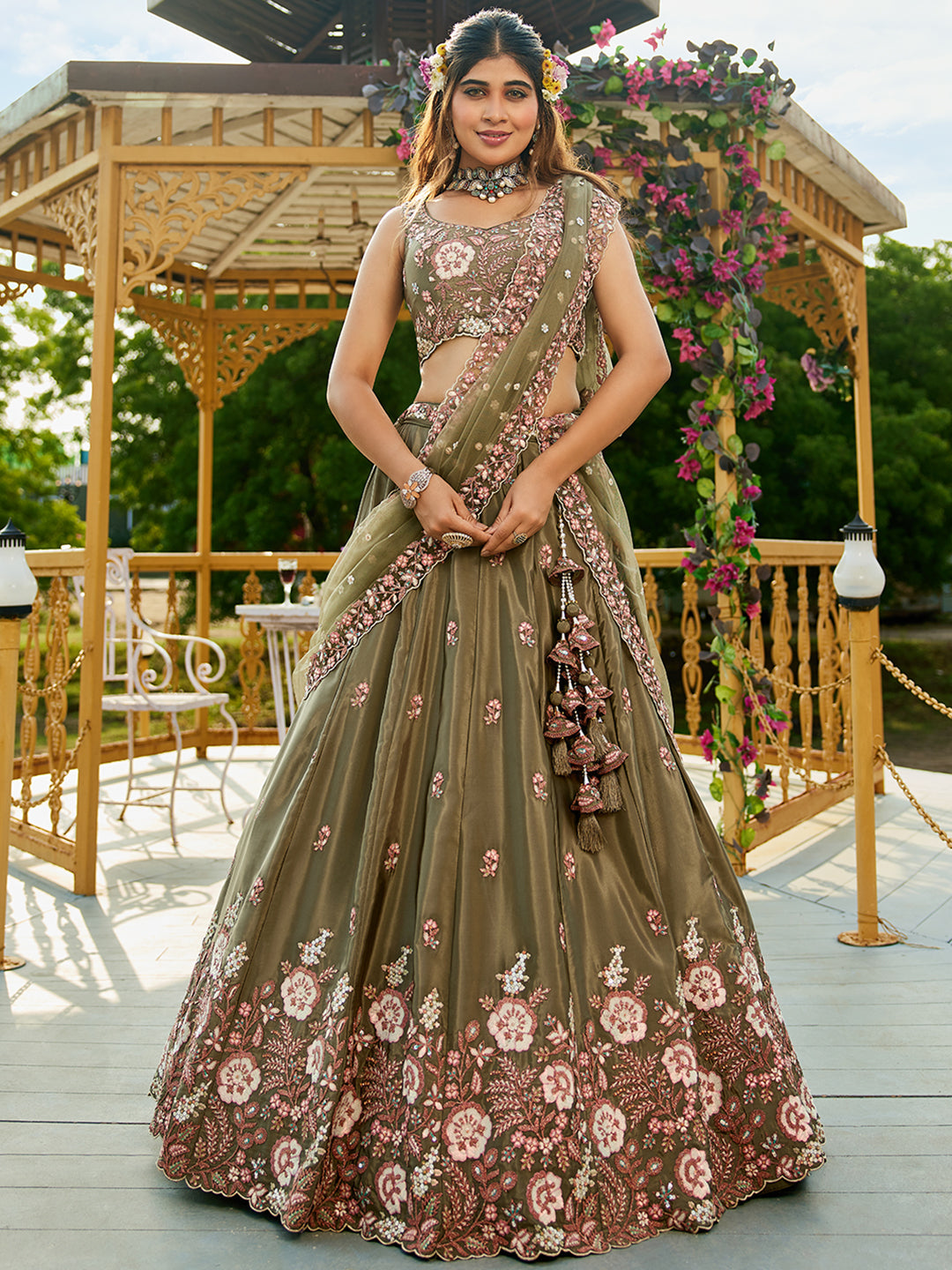 Olive - Satin Sequinse embroidery Semi-Stitched Lehenga choli & Dupatta - qivii