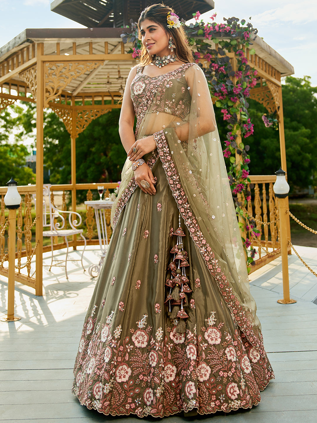 Olive - Satin Sequinse embroidery Semi-Stitched Lehenga choli & Dupatta - qivii