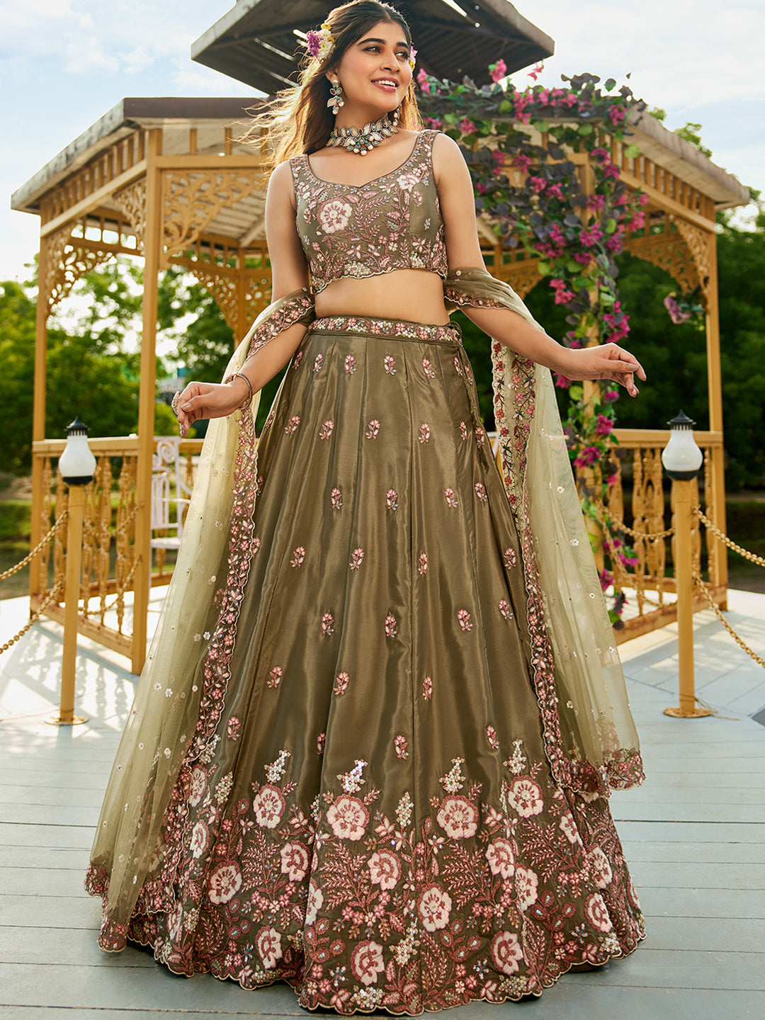 Olive - Satin Sequinse embroidery Semi-Stitched Lehenga choli & Dupatta - qivii