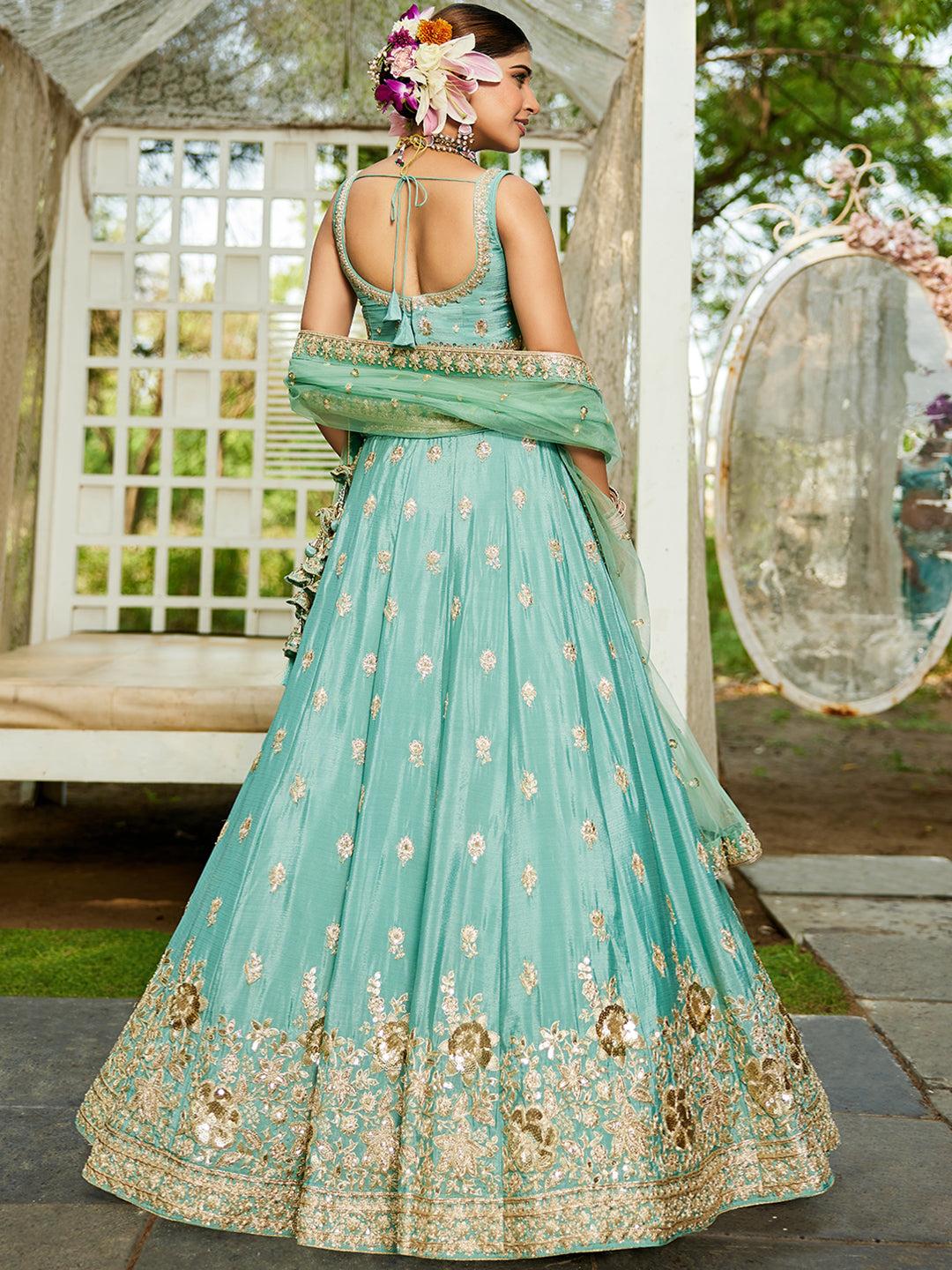 Seagreen - Chinnon Sequinse embroidery Semi-Stitched Lehenga choli & Dupatta - qivii