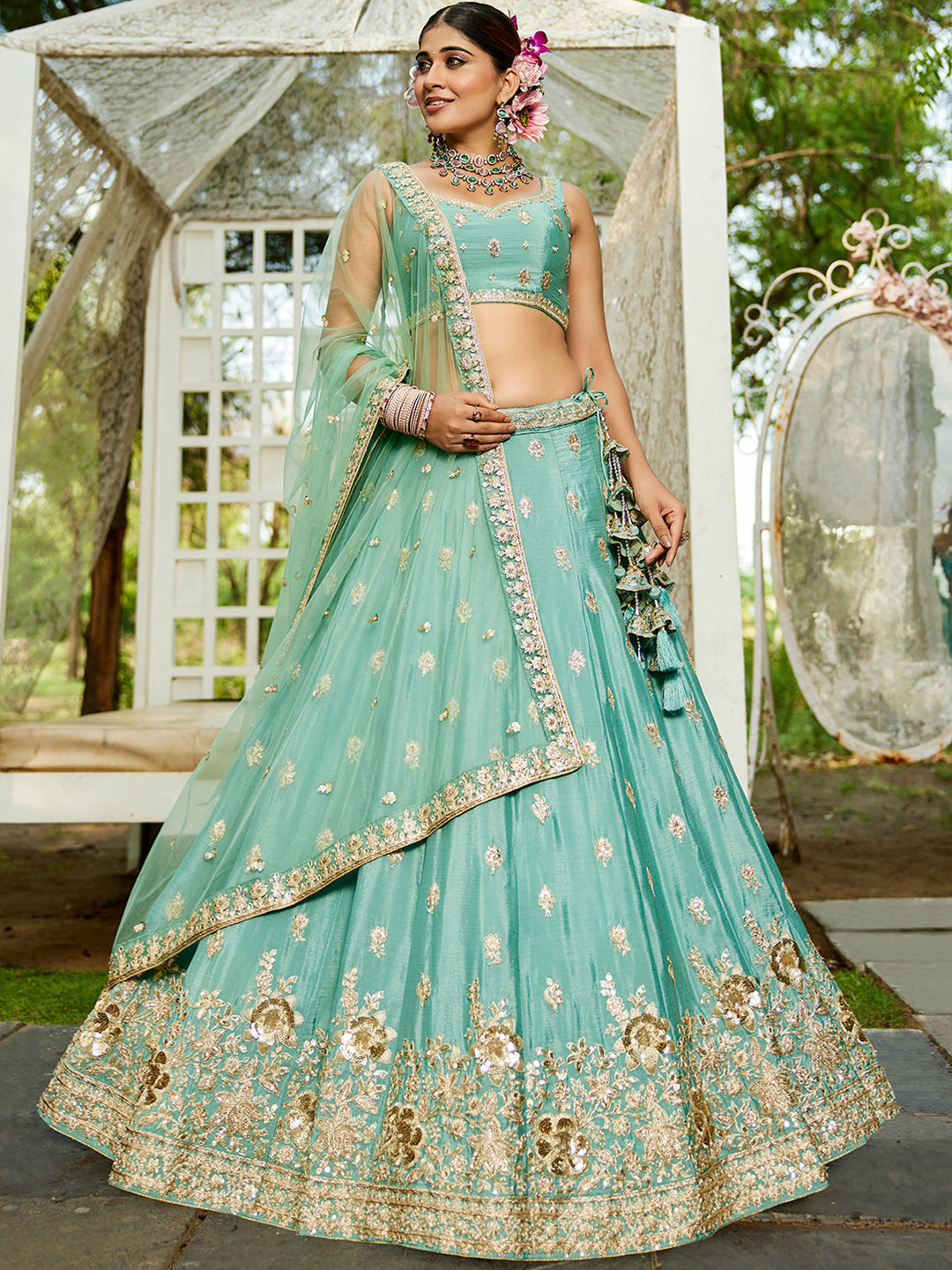 Seagreen - Chinnon Sequinse embroidery Semi-Stitched Lehenga choli & Dupatta - qivii