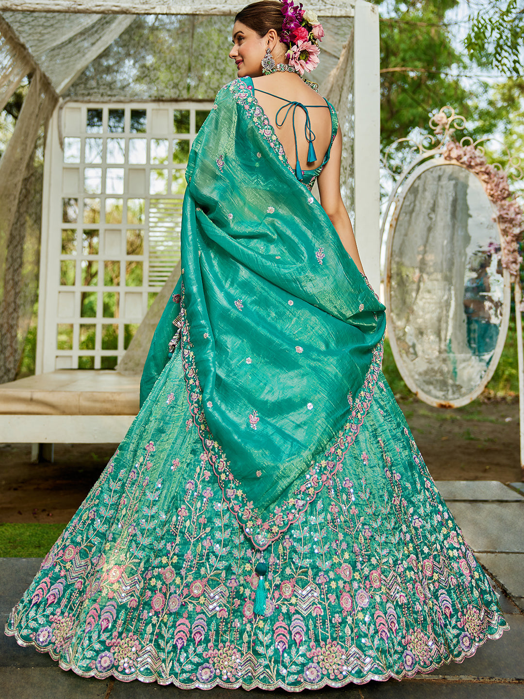 Seagreen - Tissue Sequinse embroidery Semi-Stitched Lehenga choli & Dupatta - qivii