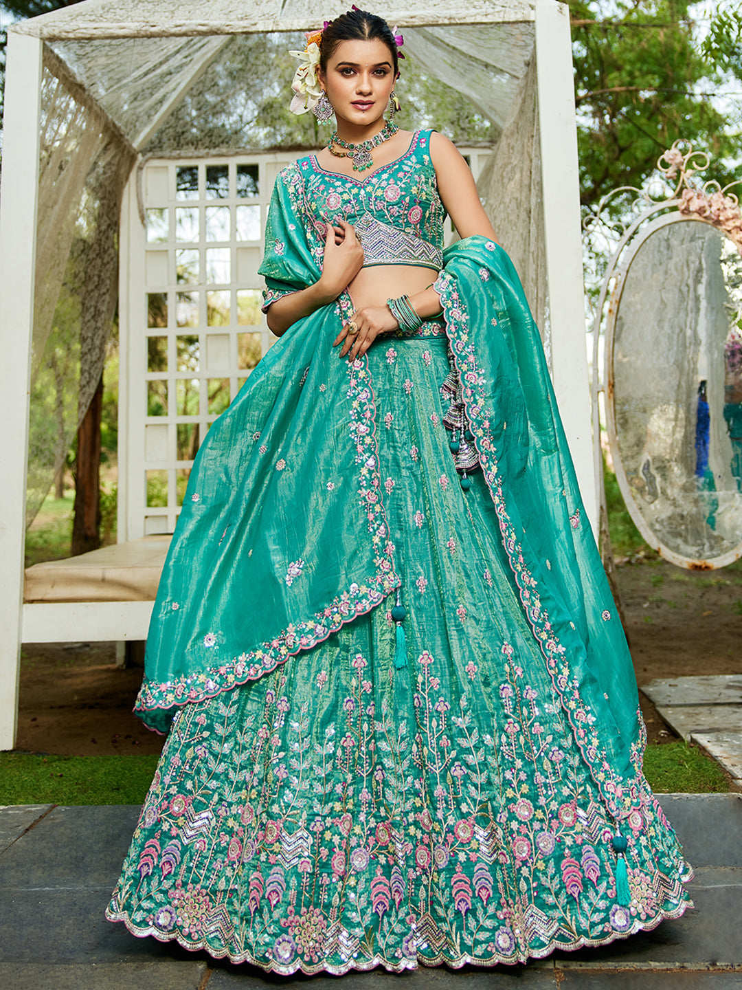 Seagreen - Tissue Sequinse embroidery Semi-Stitched Lehenga choli & Dupatta - qivii