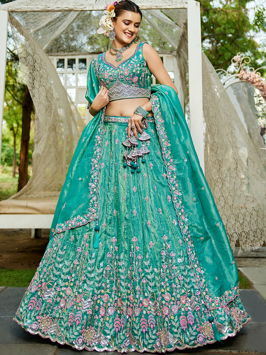 Seagreen - Tissue Sequinse embroidery Semi-Stitched Lehenga choli & Dupatta - qivii