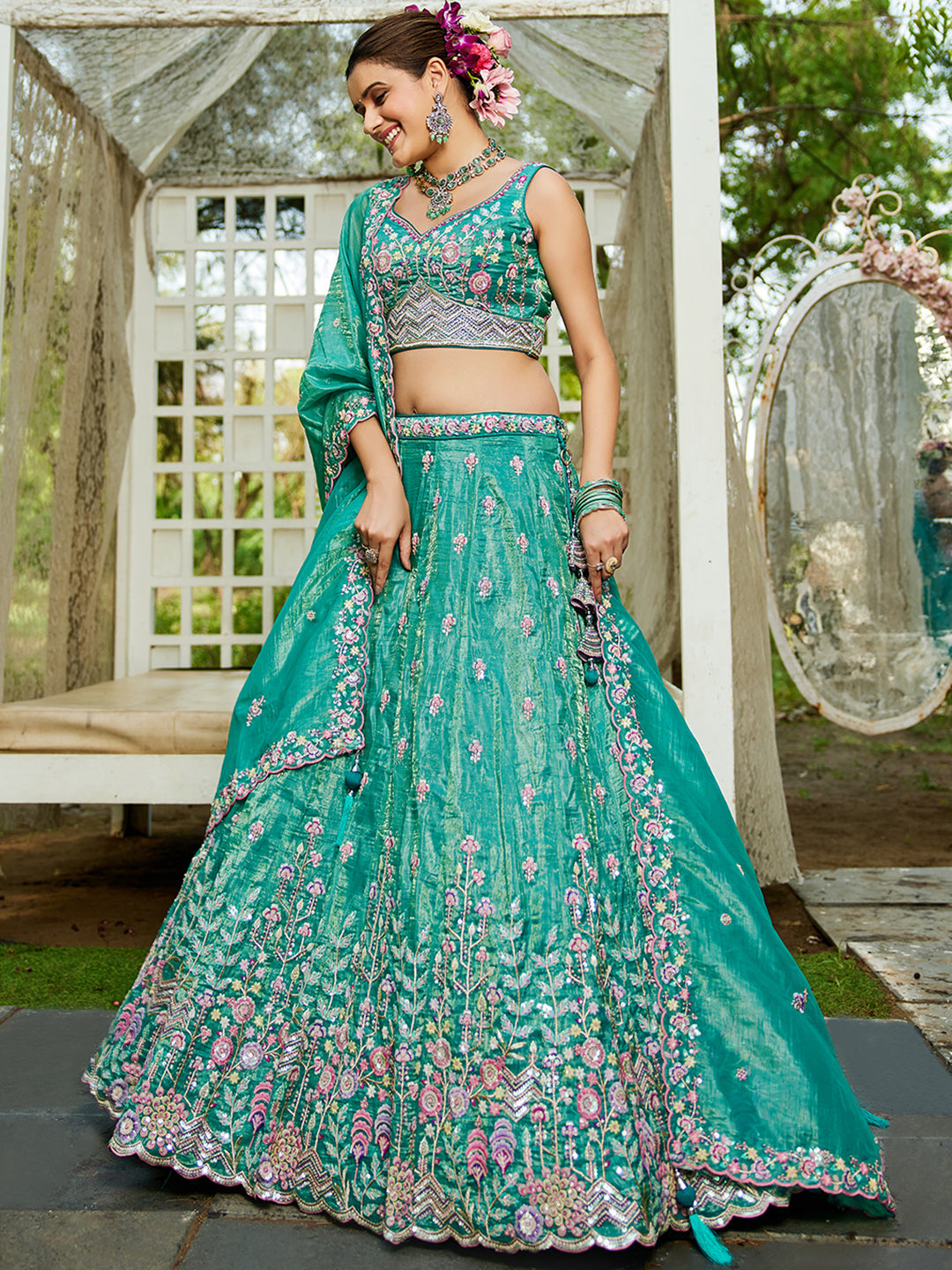 Seagreen - Tissue Sequinse embroidery Semi-Stitched Lehenga choli & Dupatta - qivii