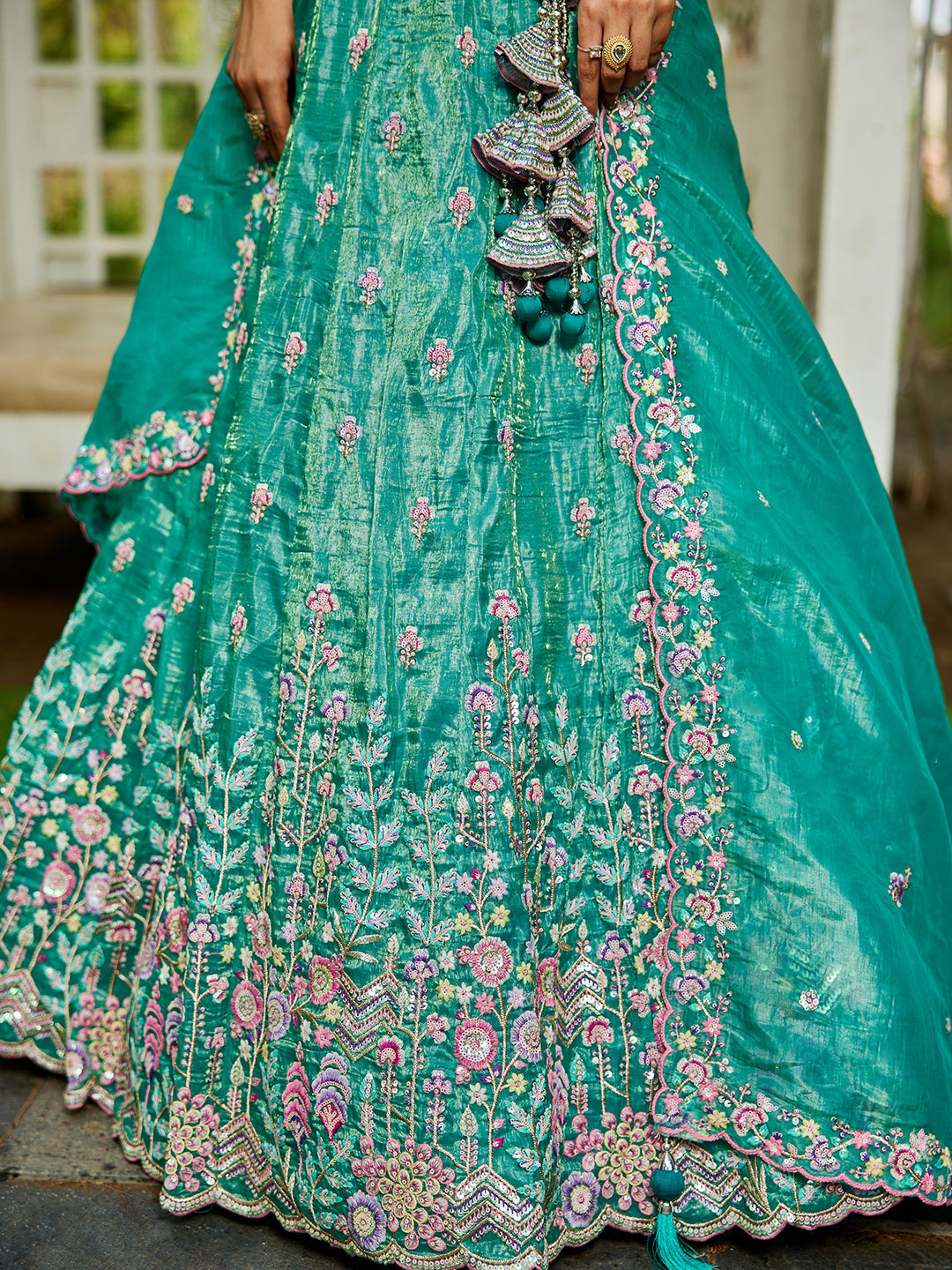 Seagreen - Tissue Sequinse embroidery Semi-Stitched Lehenga choli & Dupatta - qivii