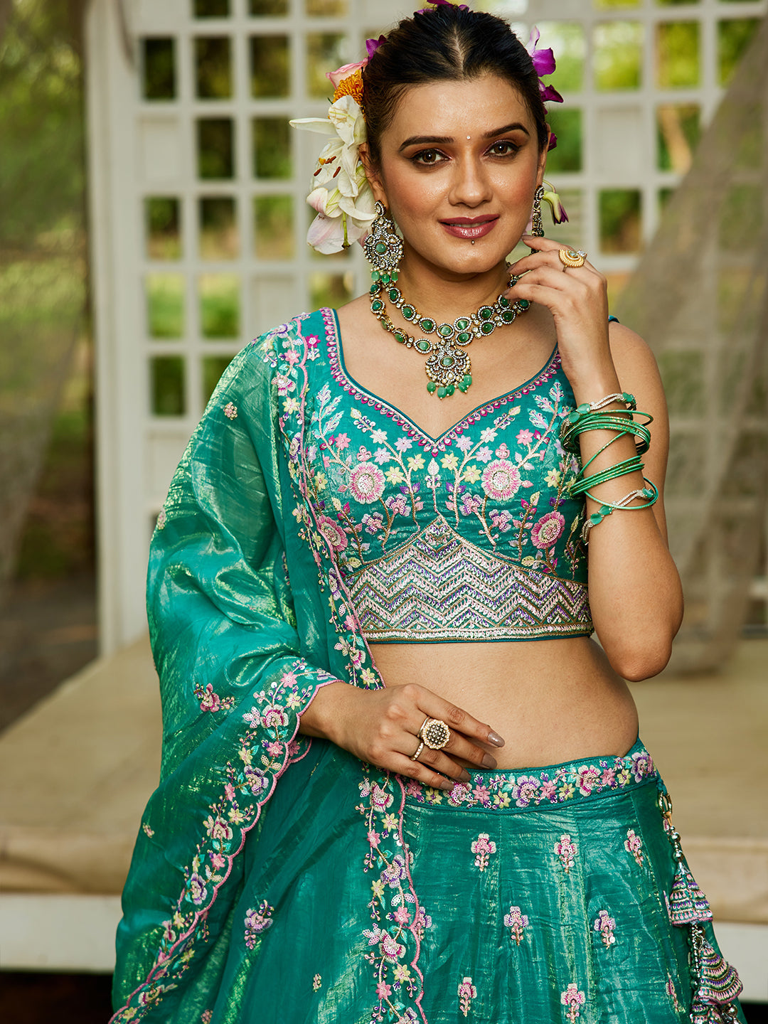 Seagreen - Tissue Sequinse embroidery Semi-Stitched Lehenga choli & Dupatta - qivii
