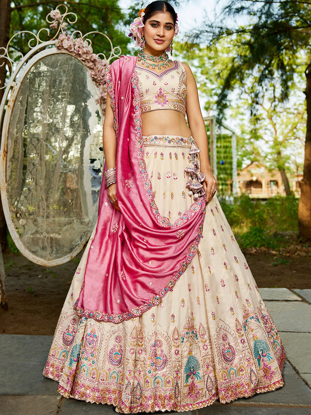 Cream - Tissue Sequinse embroidery Lehenga choli & Dupatta