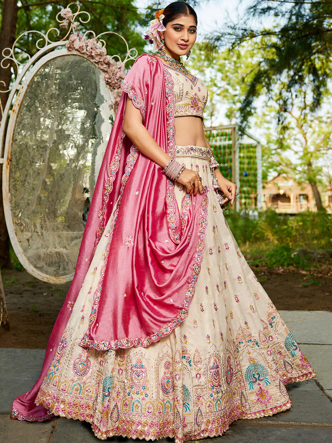 Cream - Tissue Sequinse embroidery Lehenga choli & Dupatta