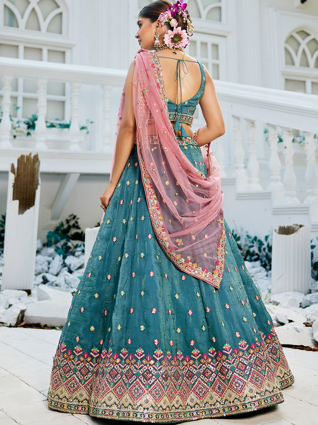 Teal - Tissue Sequinse embroidery Lehenga choli & Dupatta