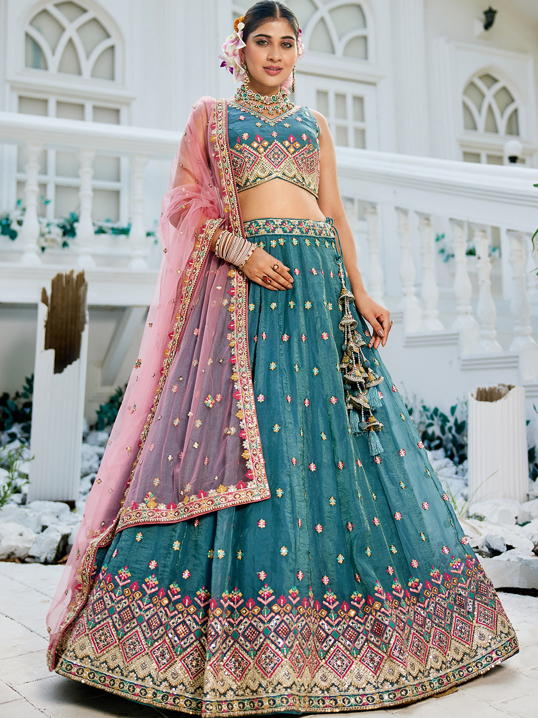 Teal - Tissue Sequinse embroidery Semi-Stitched Lehenga choli & Dupatta