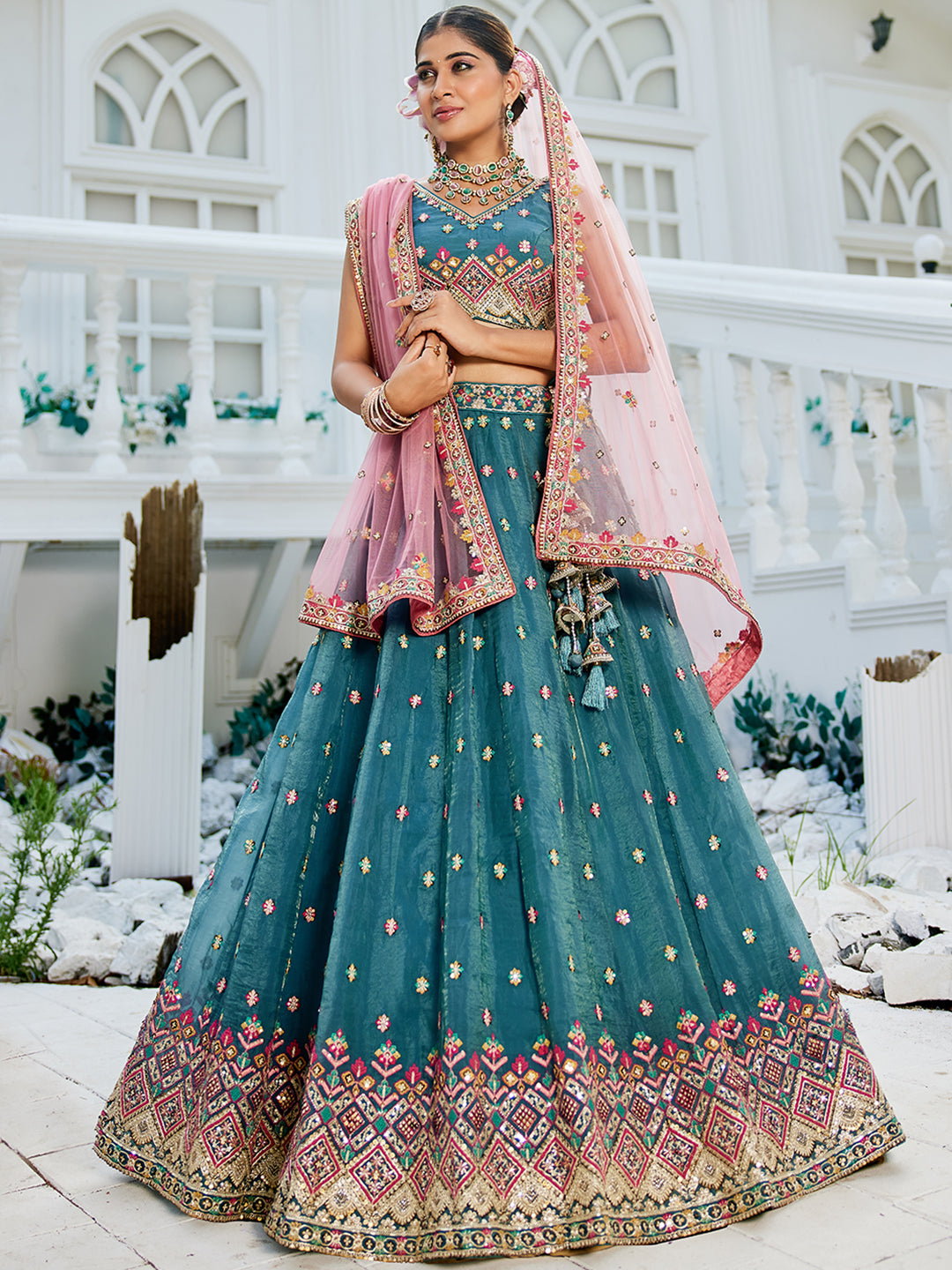 Teal - Tissue Sequinse embroidery Lehenga choli & Dupatta