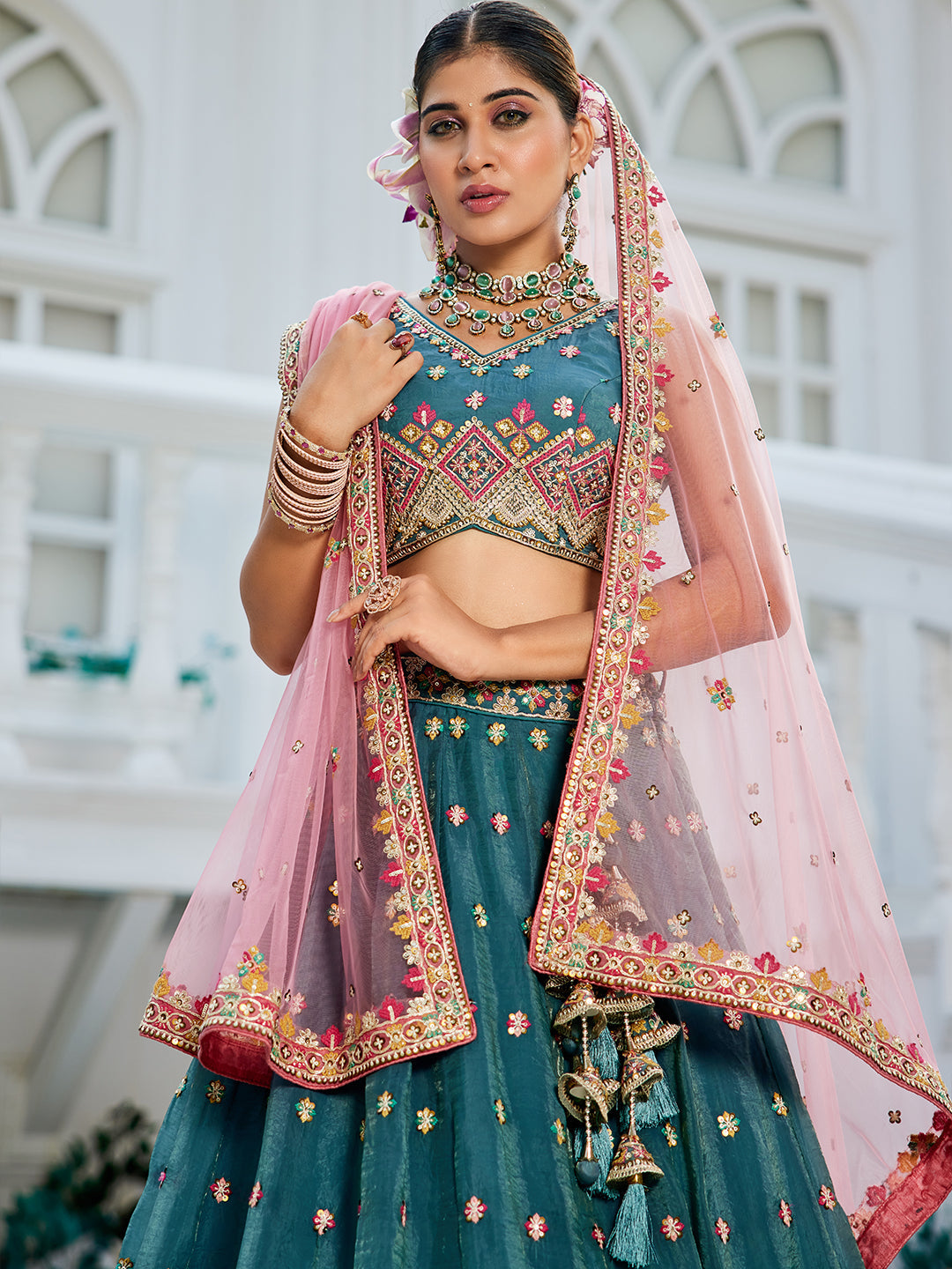 Teal - Tissue Sequinse embroidery Lehenga choli & Dupatta