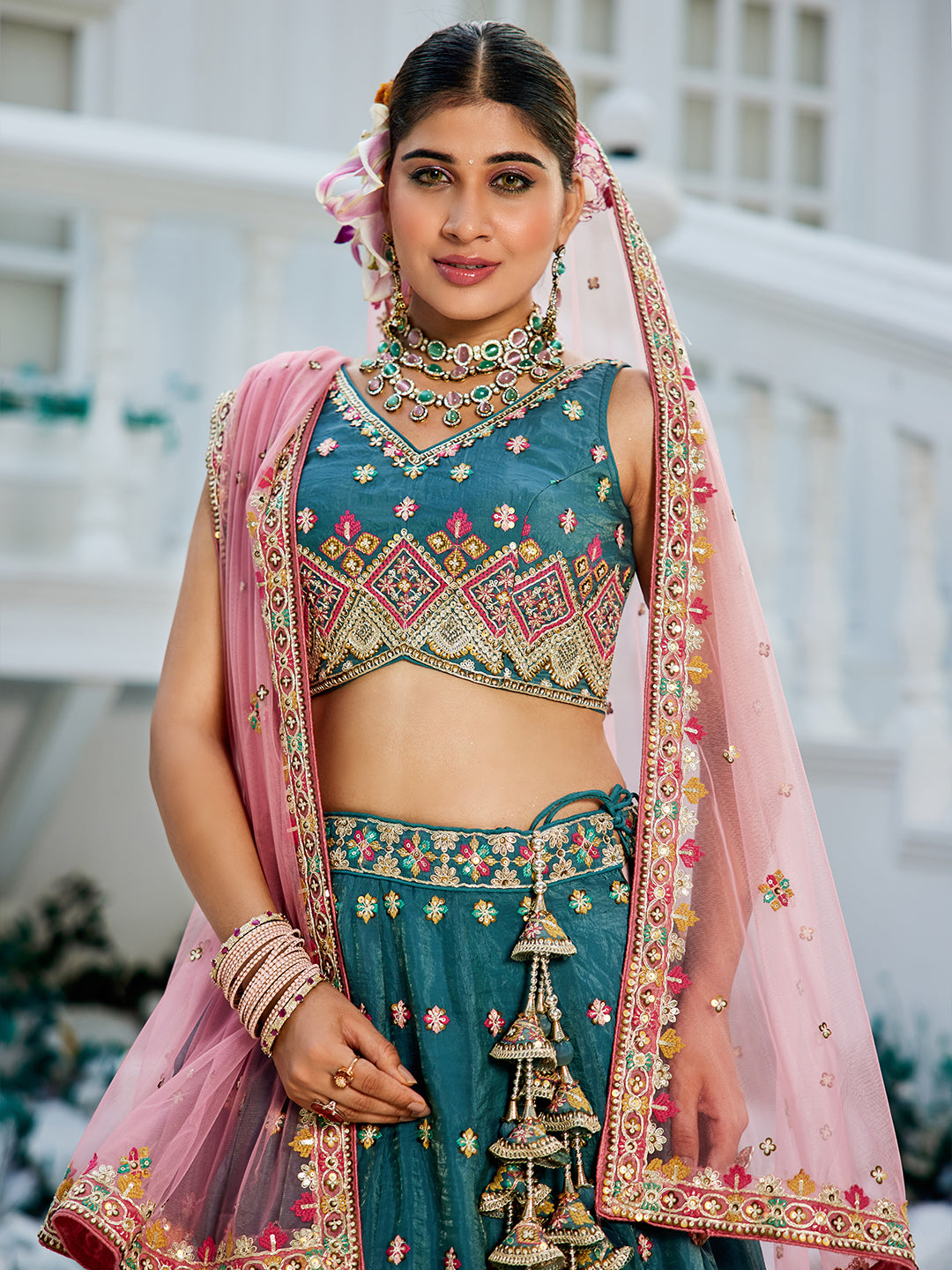 Teal - Tissue Sequinse embroidery Lehenga choli & Dupatta