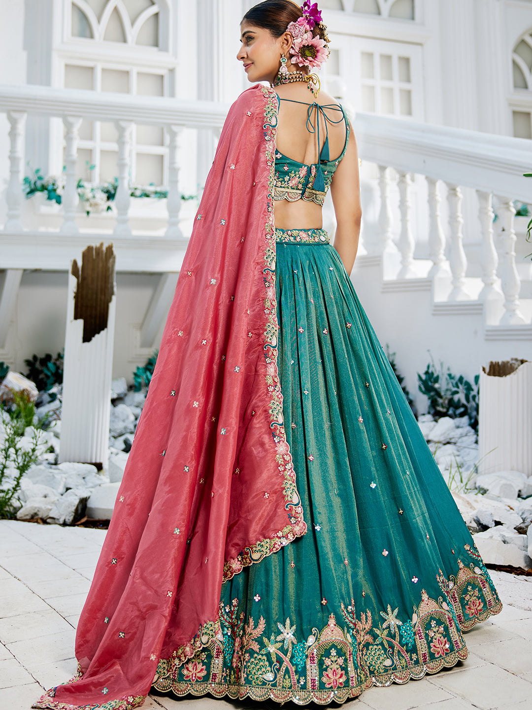 Seagreen - Satin Sequinse embroidery Semi-Stitched Lehenga choli & Dupatta - qivii
