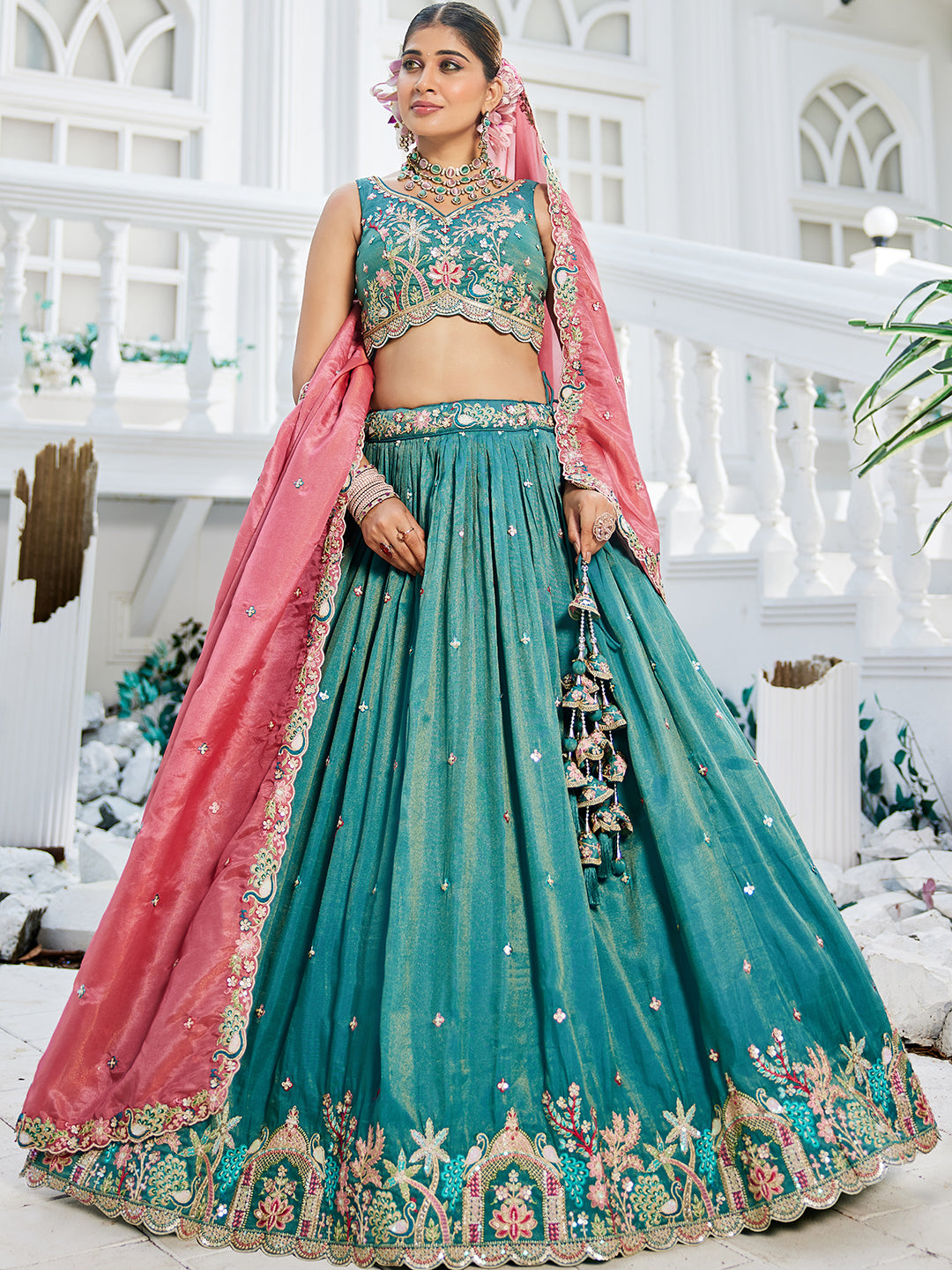 Seagreen - Satin Sequinse embroidery Semi-Stitched Lehenga choli & Dupatta - qivii