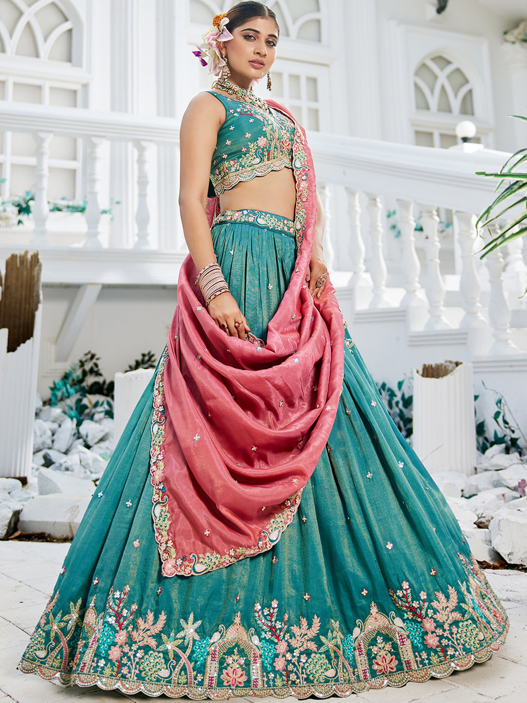 Seagreen - Satin Sequinse embroidery Semi-Stitched Lehenga choli & Dupatta - qivii