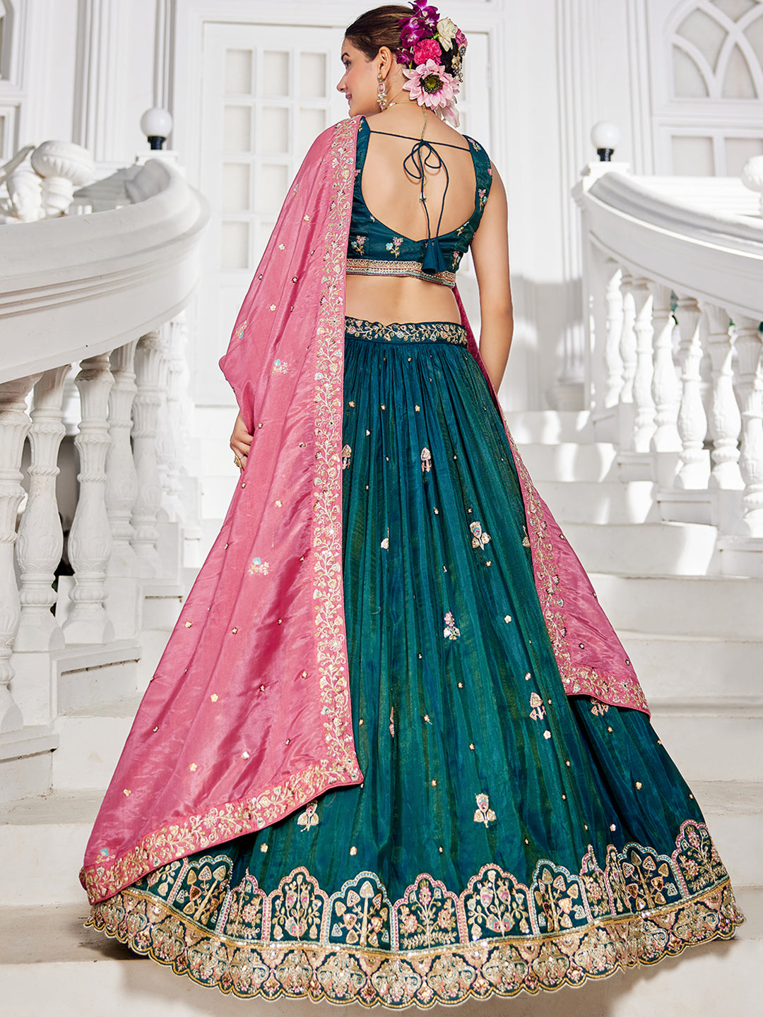 Teal - Satin Sequinse embroidery Lehenga choli & Dupatta