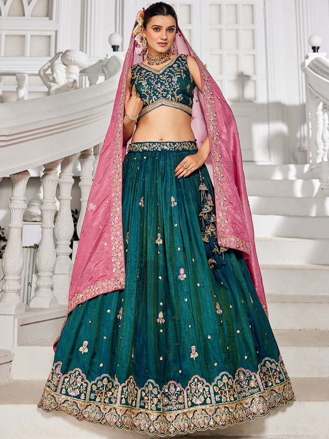 Teal - Satin Sequinse embroidery Lehenga choli & Dupatta