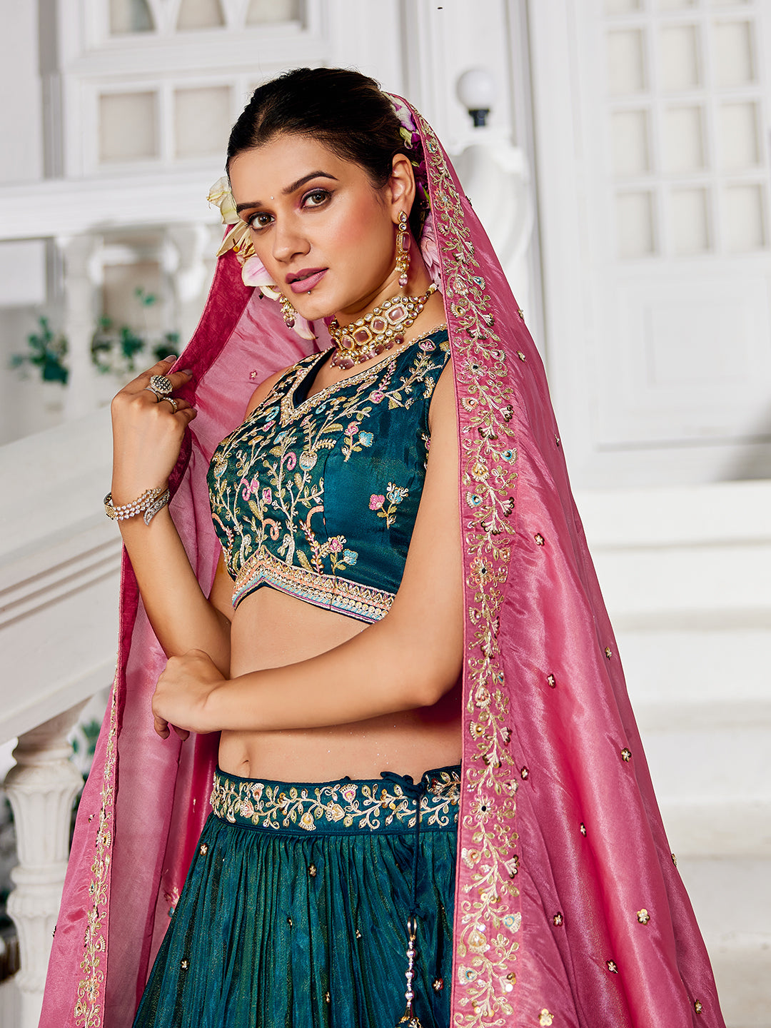 Teal - Satin Sequinse embroidery Lehenga choli & Dupatta