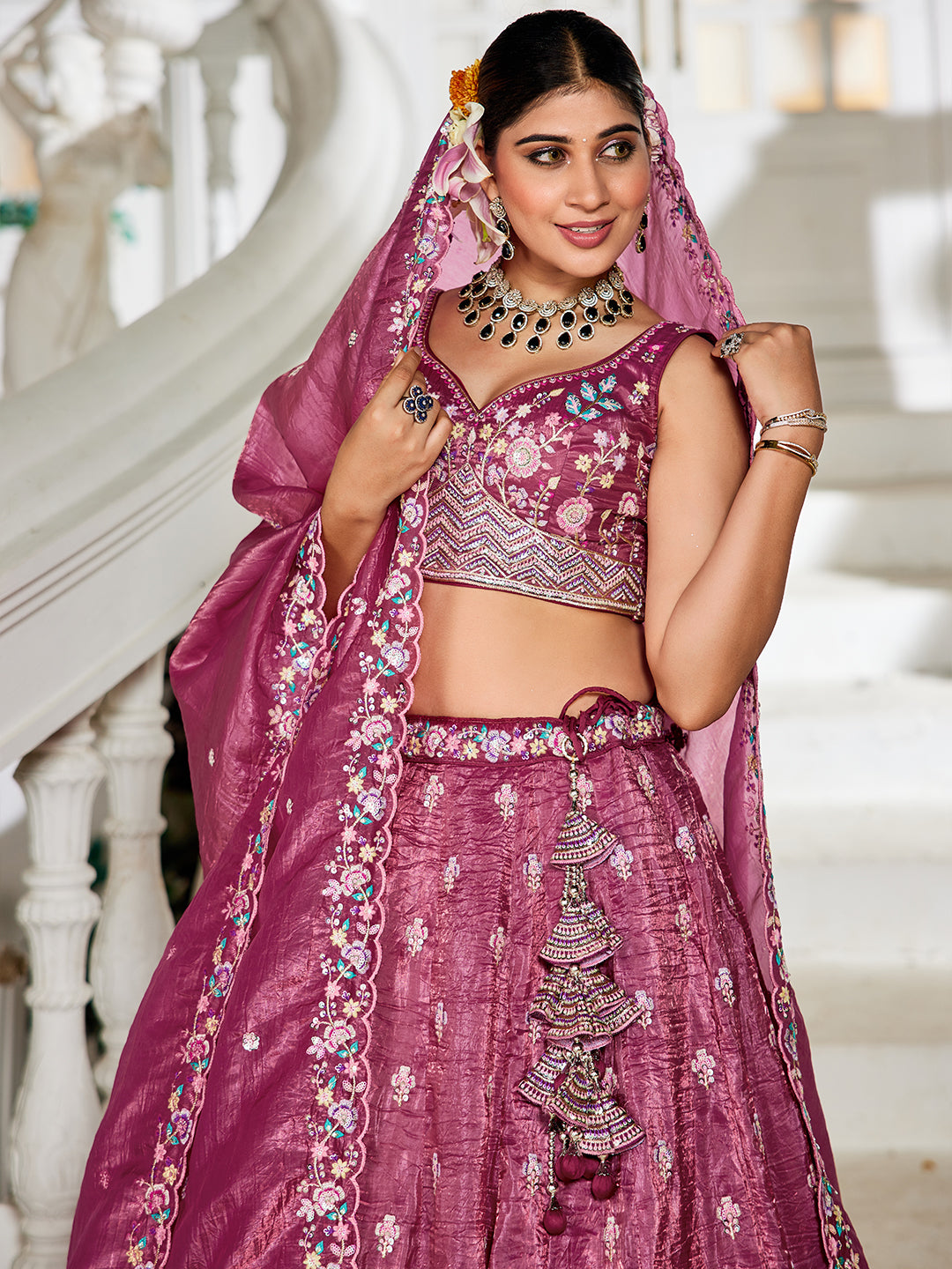 Burgundy - Tissue Sequinse embroidery Semi-Stitched Lehenga choli & Dupatta - qivii