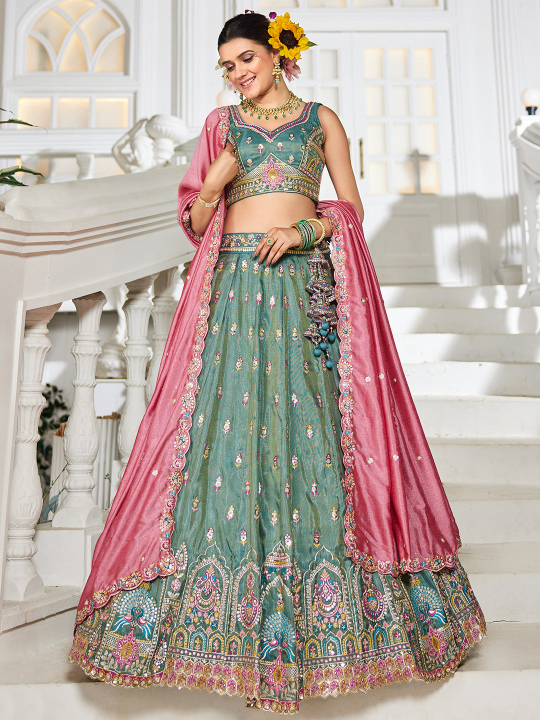 Seagreen - Tissue Sequinse embroidery Semi-Stitched Lehenga choli & Dupatta