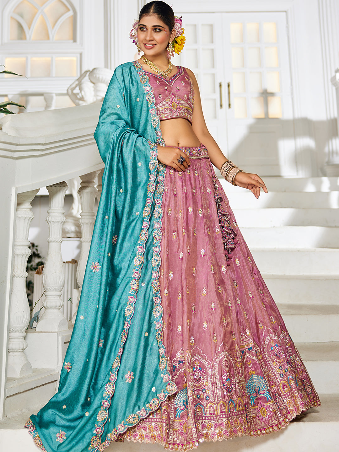 Pink - Tissue Sequinse embroidery Lehenga choli & Dupatta
