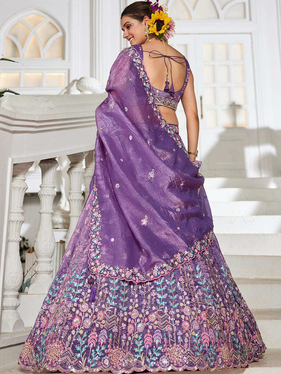 Purple - Tissue Sequinse embroidery Semi-Stitched Lehenga choli & Dupatta - qivii
