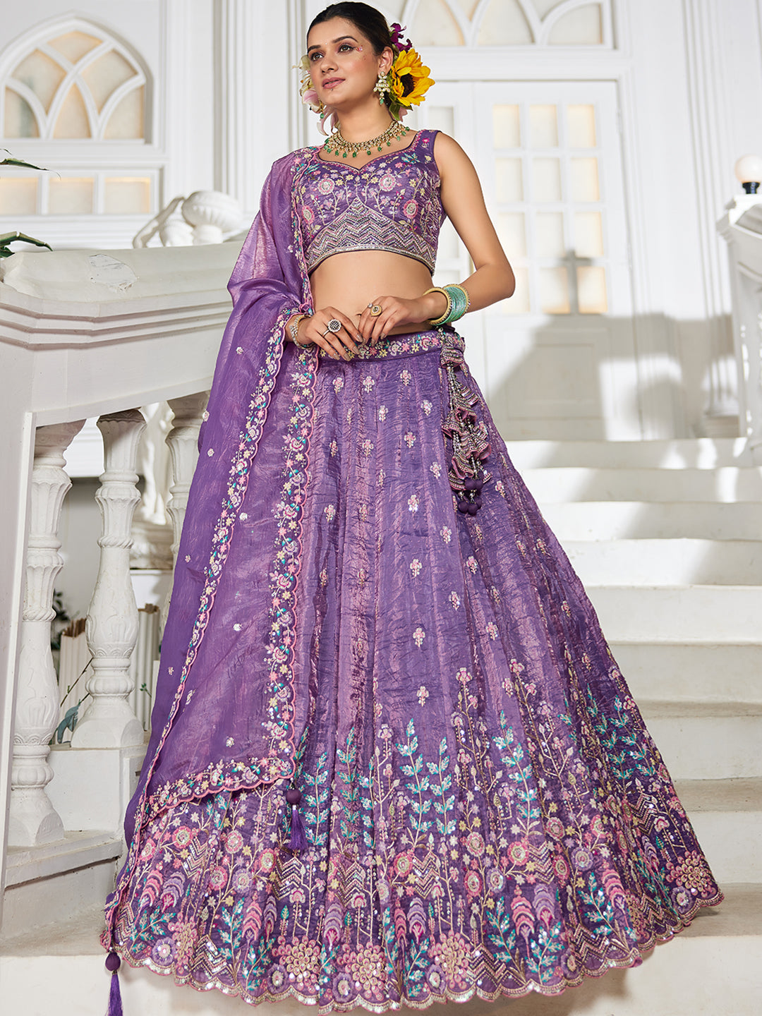 Purple - Tissue Sequinse embroidery Semi-Stitched Lehenga choli & Dupatta - qivii