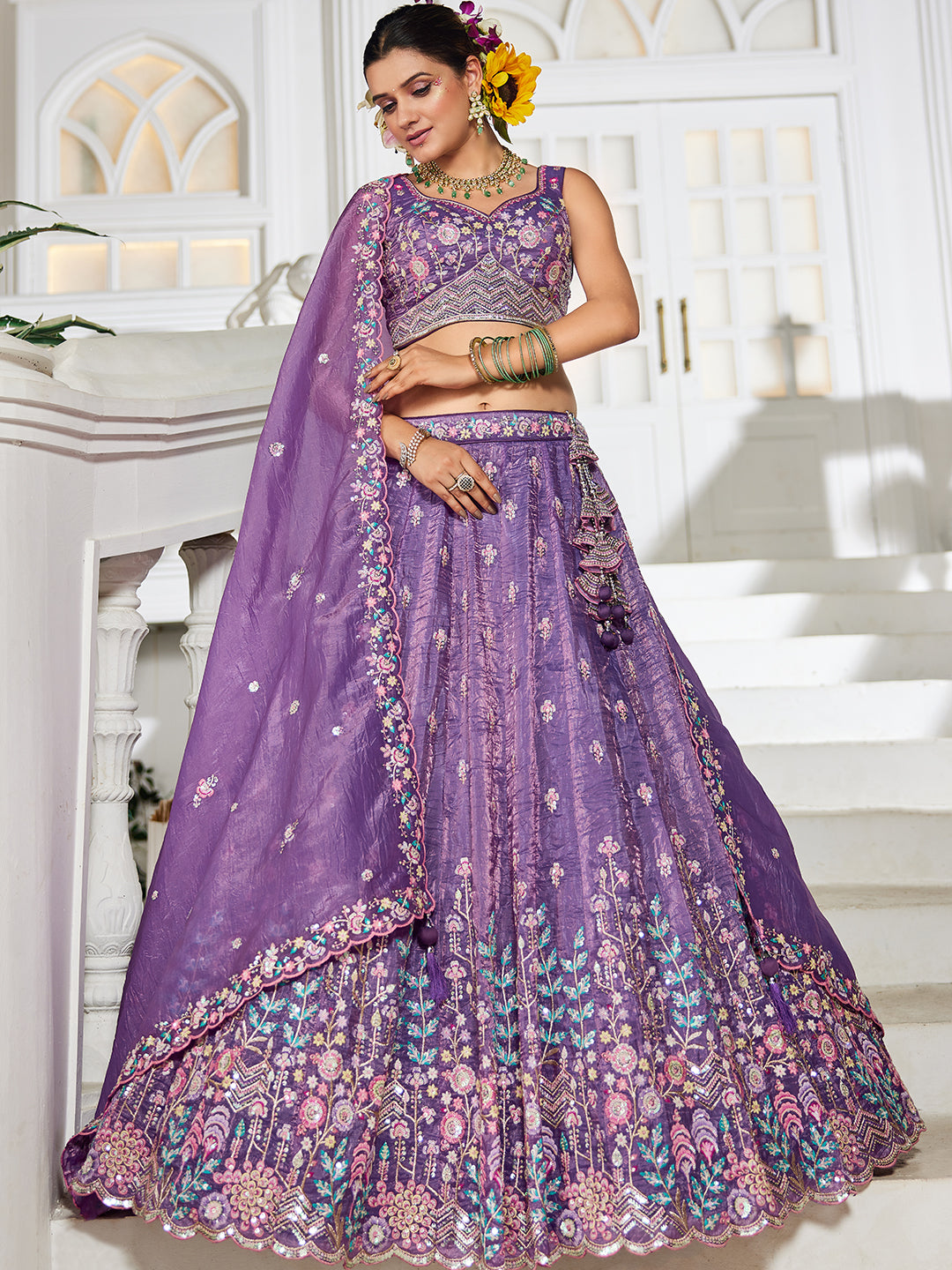 Purple - Tissue Sequinse embroidery Semi-Stitched Lehenga choli & Dupatta - qivii