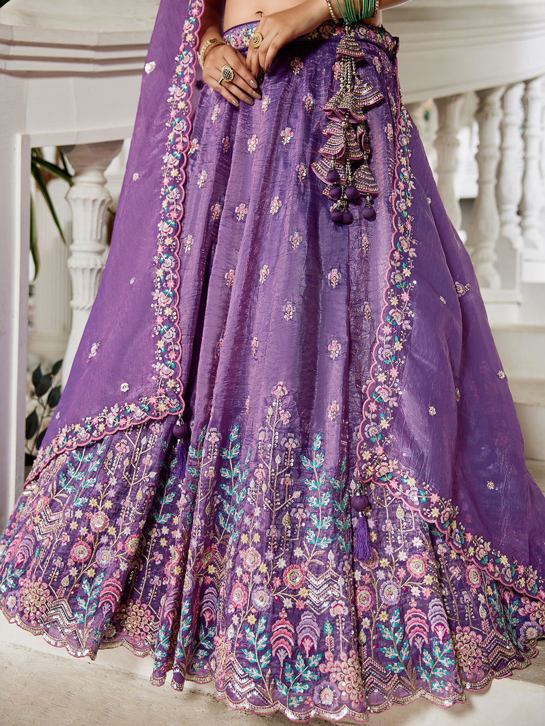 Purple - Tissue Sequinse embroidery Semi-Stitched Lehenga choli & Dupatta - qivii