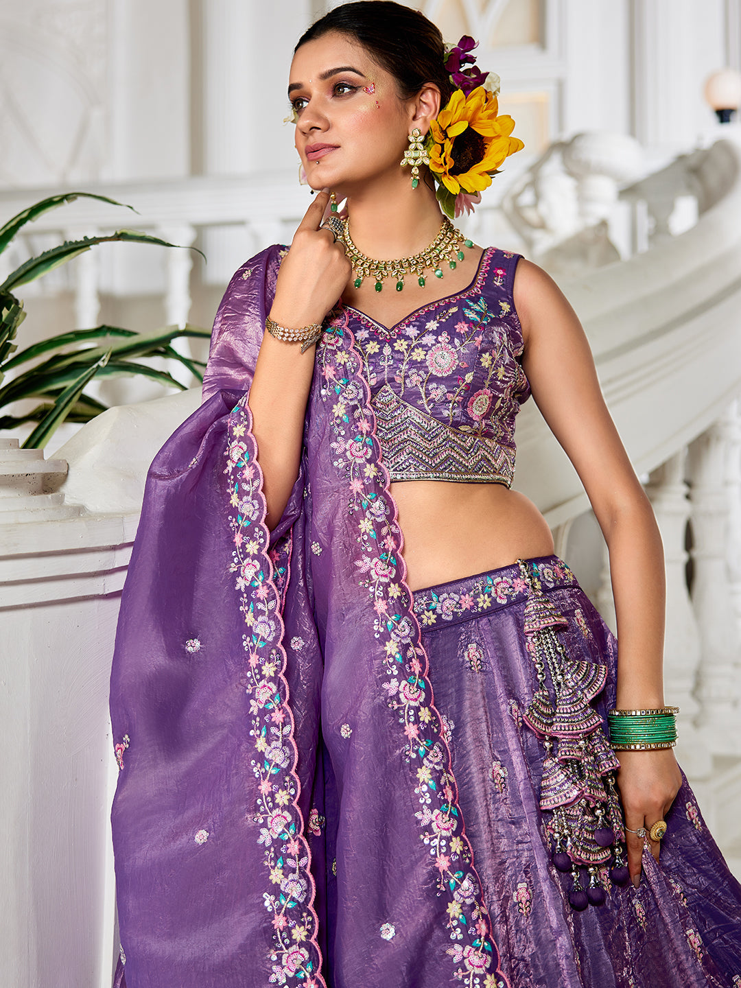Purple - Tissue Sequinse embroidery Semi-Stitched Lehenga choli & Dupatta - qivii