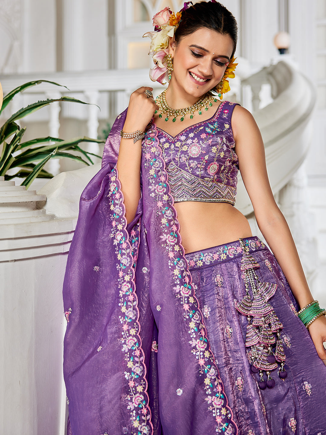 Purple - Tissue Sequinse embroidery Semi-Stitched Lehenga choli & Dupatta - qivii
