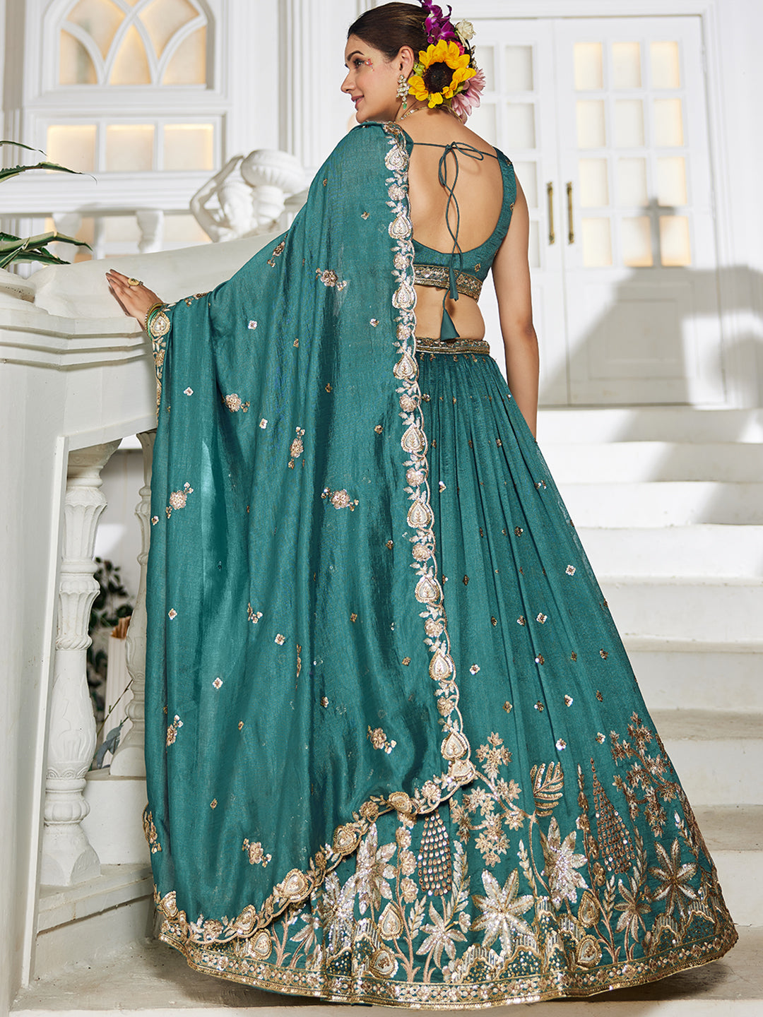 TEAL - Chiffon Sequinse embroidery Lehenga choli & Dupatta