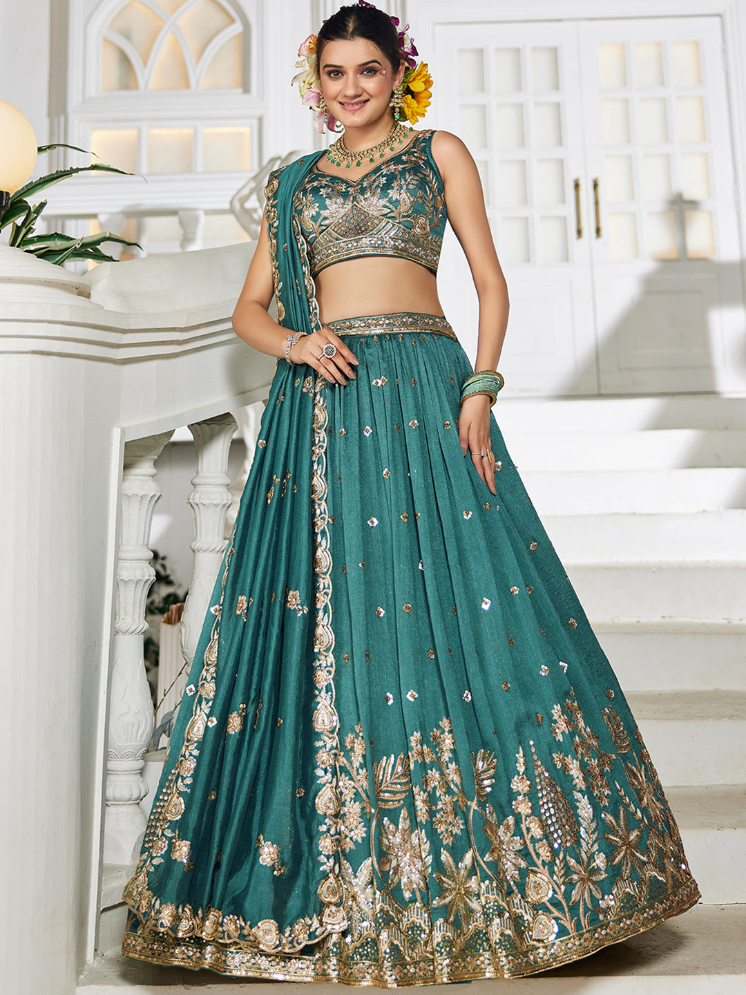 TEAL - Chiffon Sequinse embroidery Lehenga choli & Dupatta