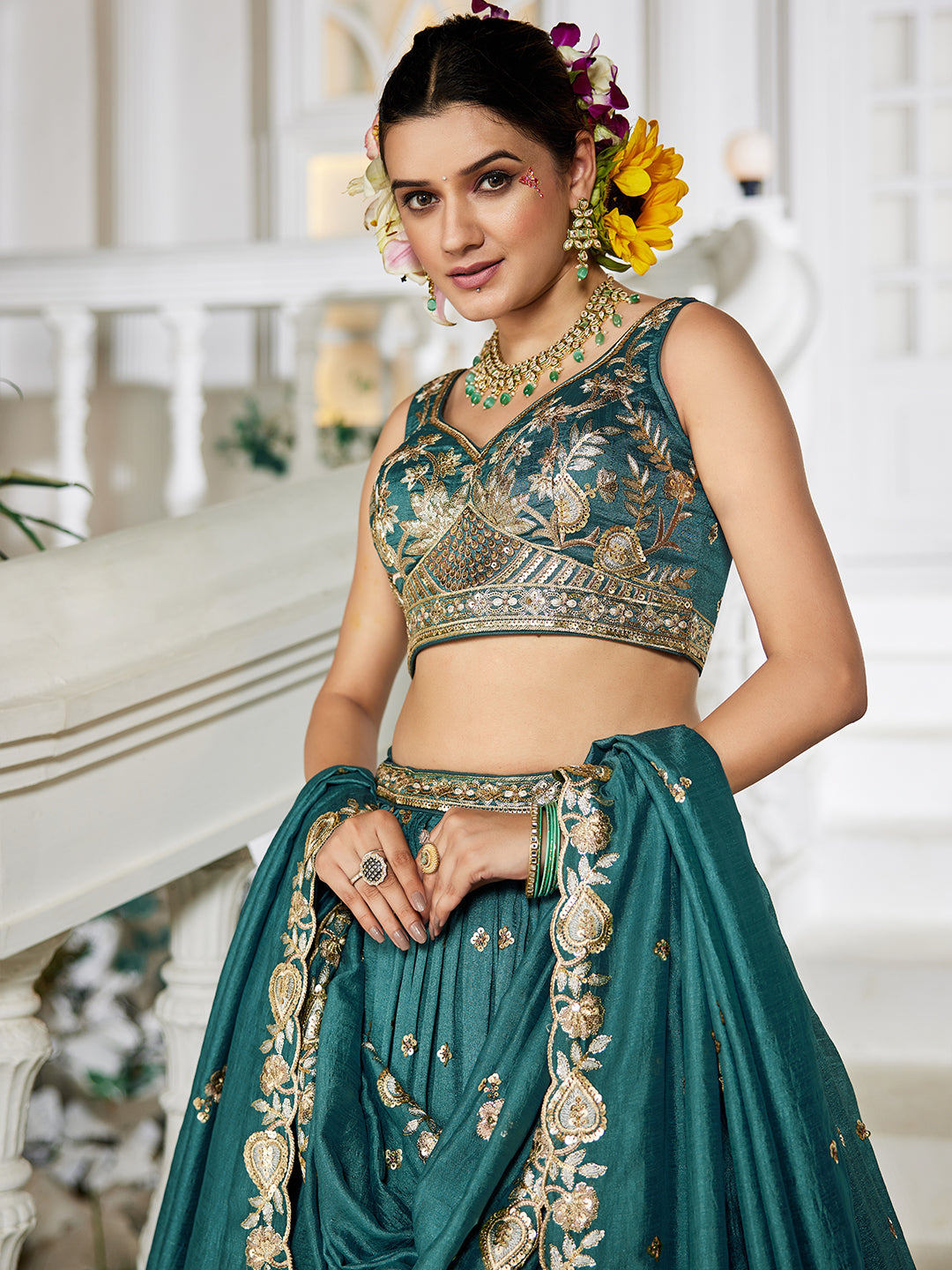 TEAL - Chiffon Sequinse embroidery Lehenga choli & Dupatta