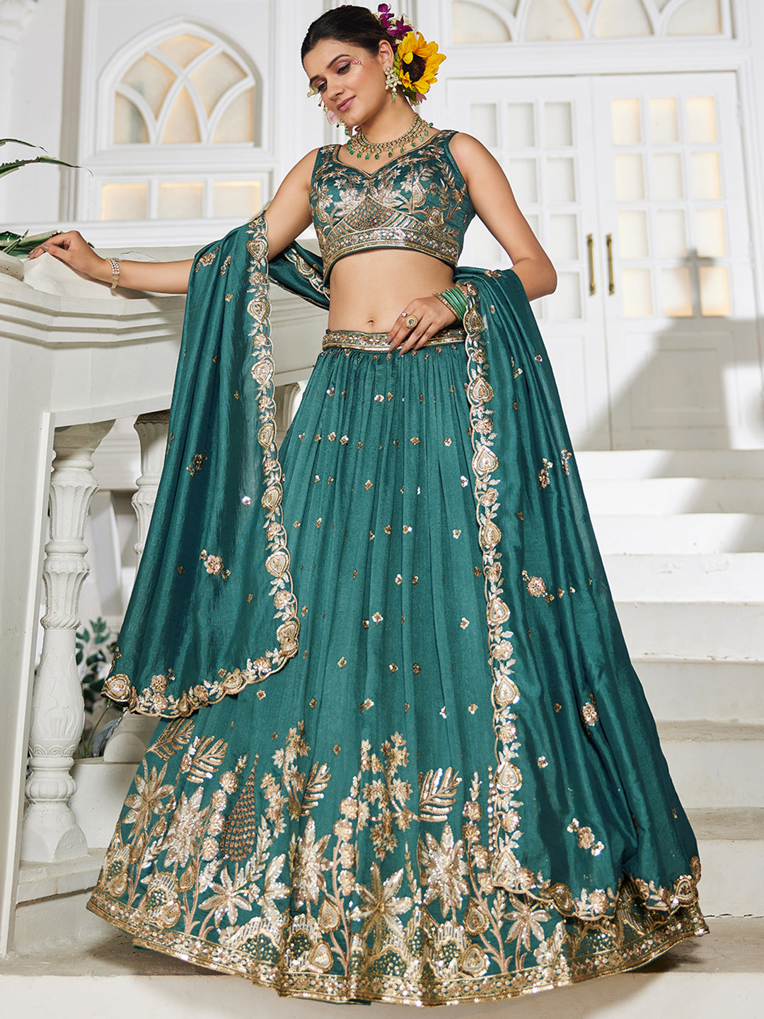 TEAL - Chiffon Sequinse embroidery Lehenga choli & Dupatta