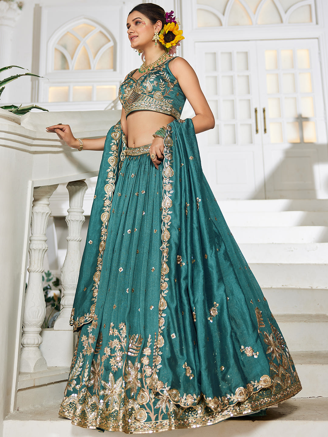 TEAL - Chiffon Sequinse embroidery Lehenga choli & Dupatta
