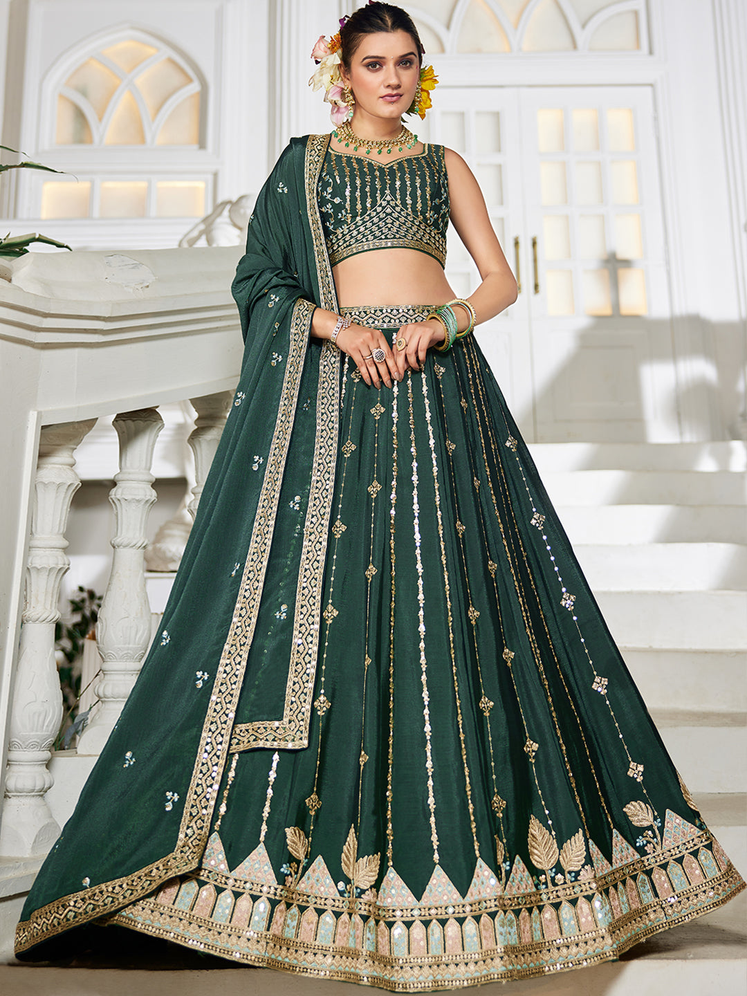 GREEN - Georgette Sequinse embroidery Lehenga choli & Dupatta
