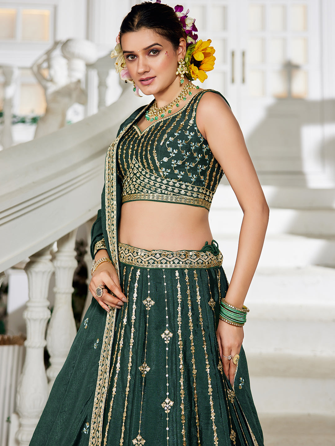 GREEN - Georgette Sequinse embroidery Lehenga choli & Dupatta
