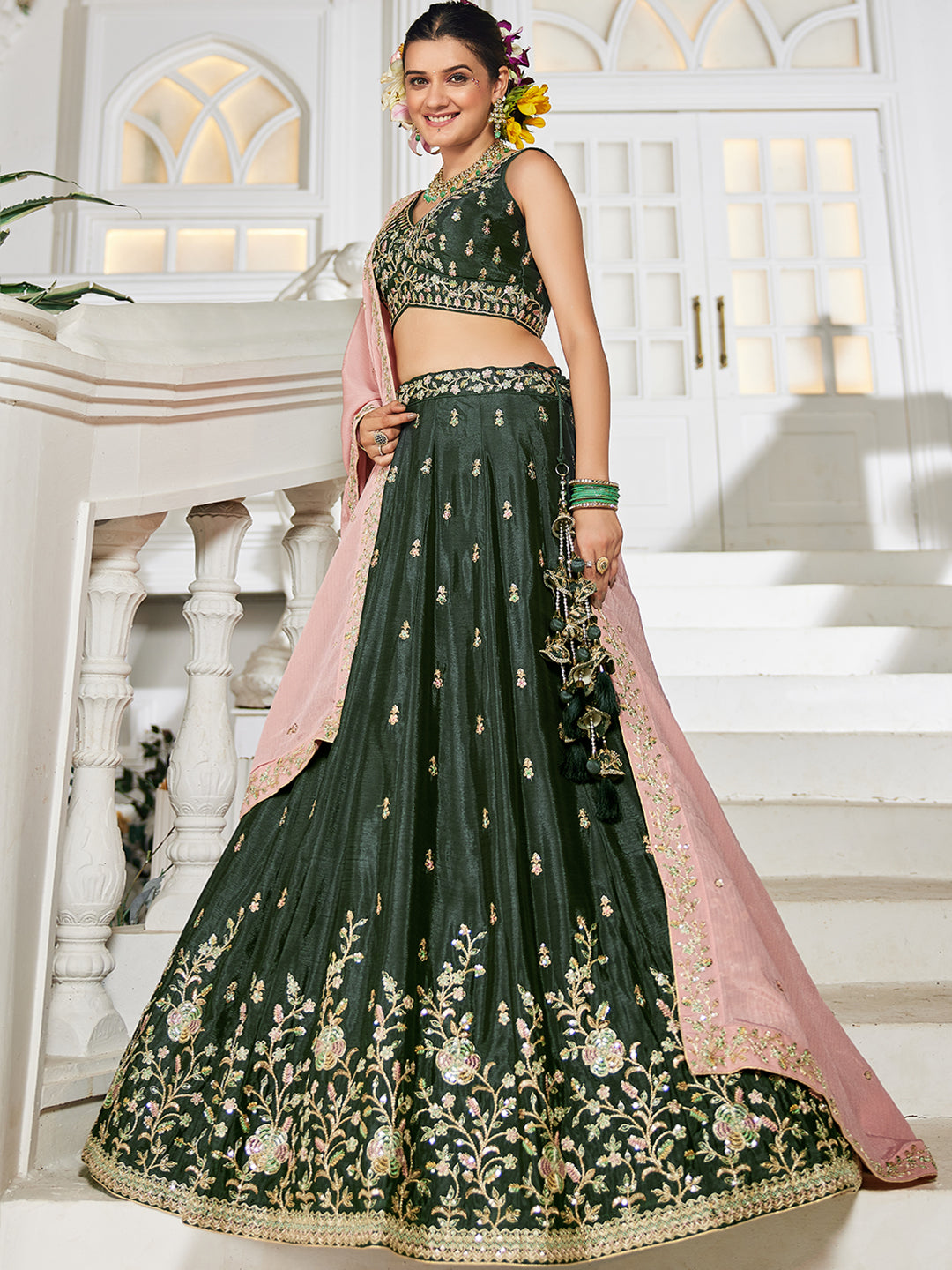 Olive - Chiffon Sequinse embroidery Semi-Stitched Lehenga choli & Dupatta - qivii