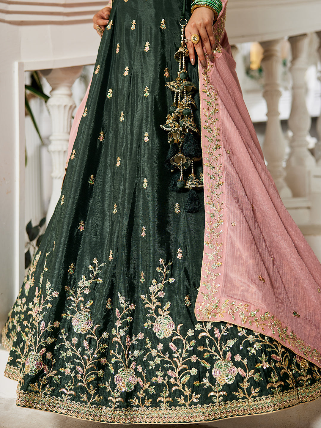 Olive - Chiffon Sequinse embroidery Semi-Stitched Lehenga choli & Dupatta - qivii
