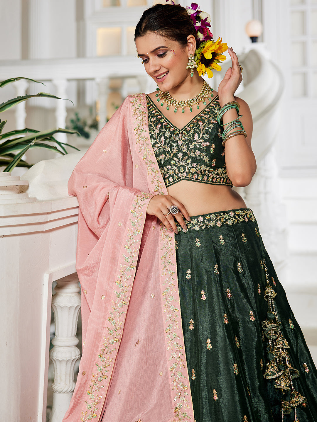 Olive - Chiffon Sequinse embroidery Semi-Stitched Lehenga choli & Dupatta - qivii