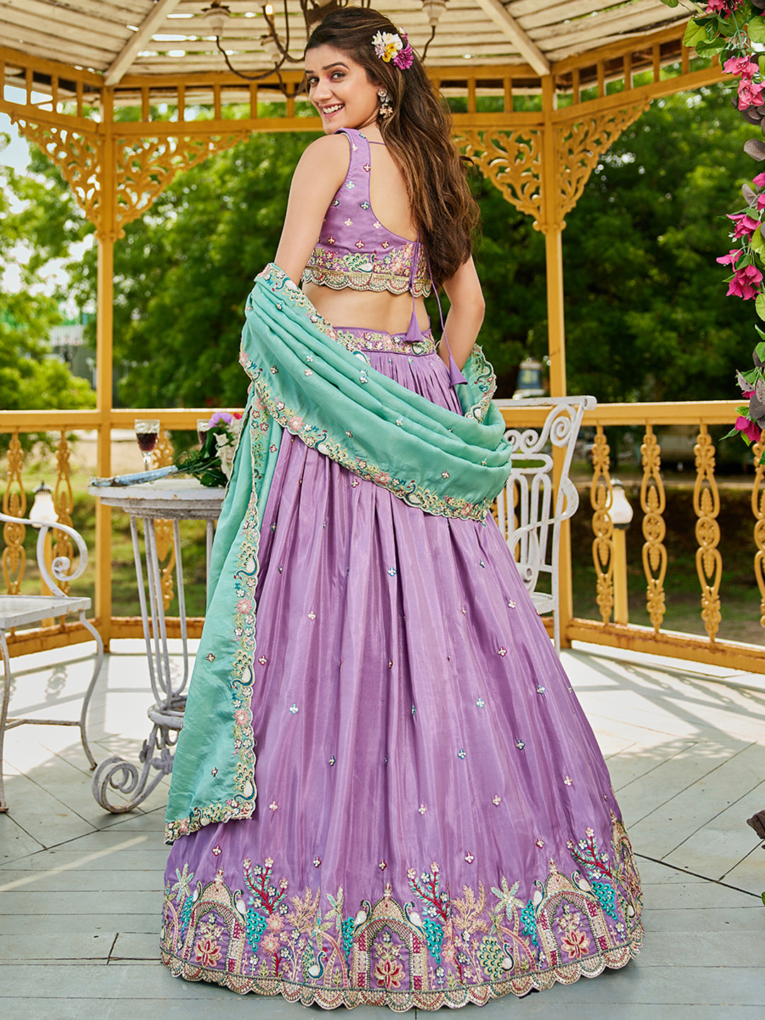 Lavender - Satin Sequinse embroidery Semi-Stitched Lehenga choli & Dupatta - qivii