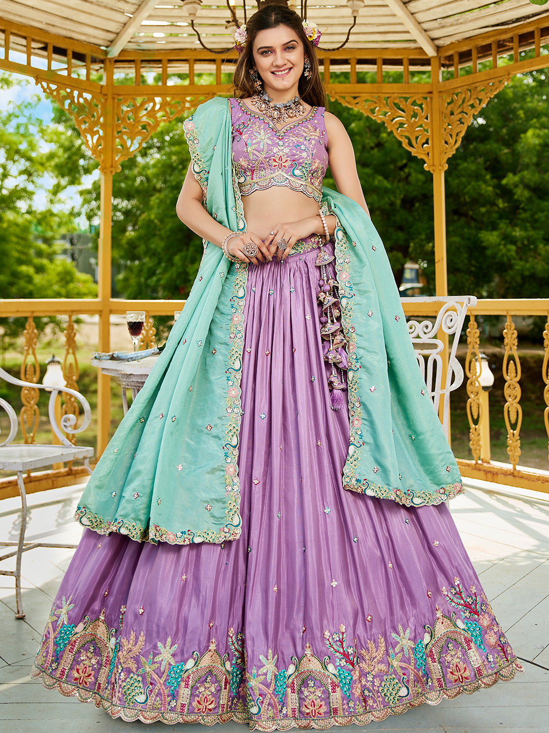 Lavender - Satin Sequinse embroidery Semi-Stitched Lehenga choli & Dupatta - qivii