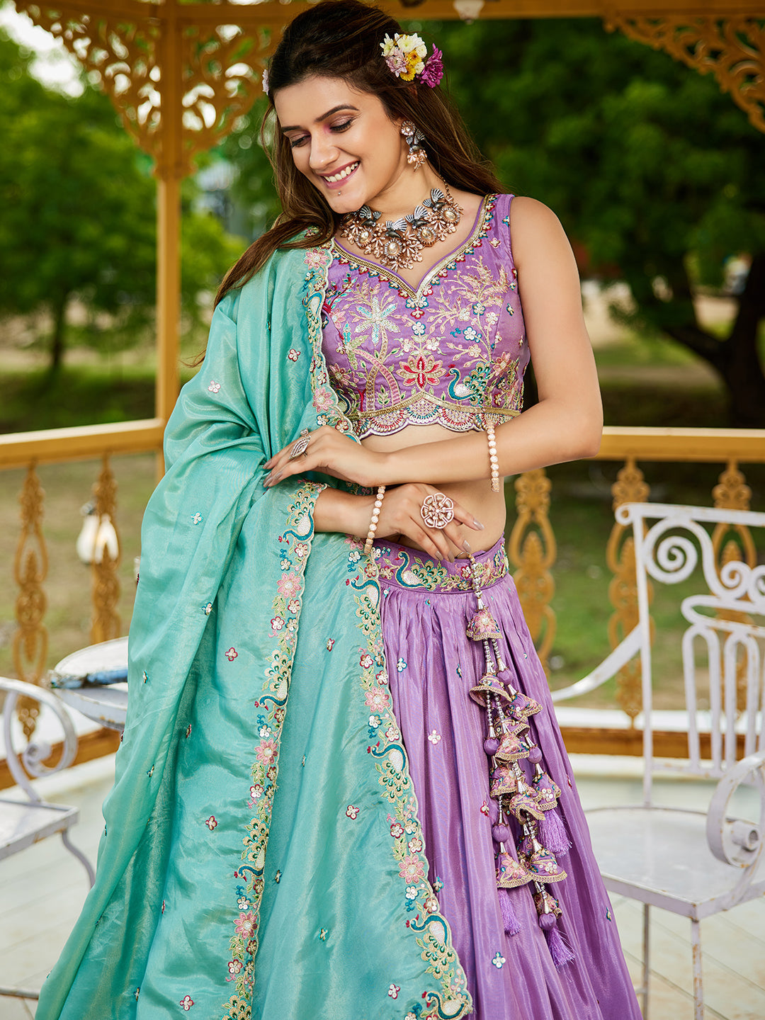 Lavender - Satin Sequinse embroidery Semi-Stitched Lehenga choli & Dupatta - qivii