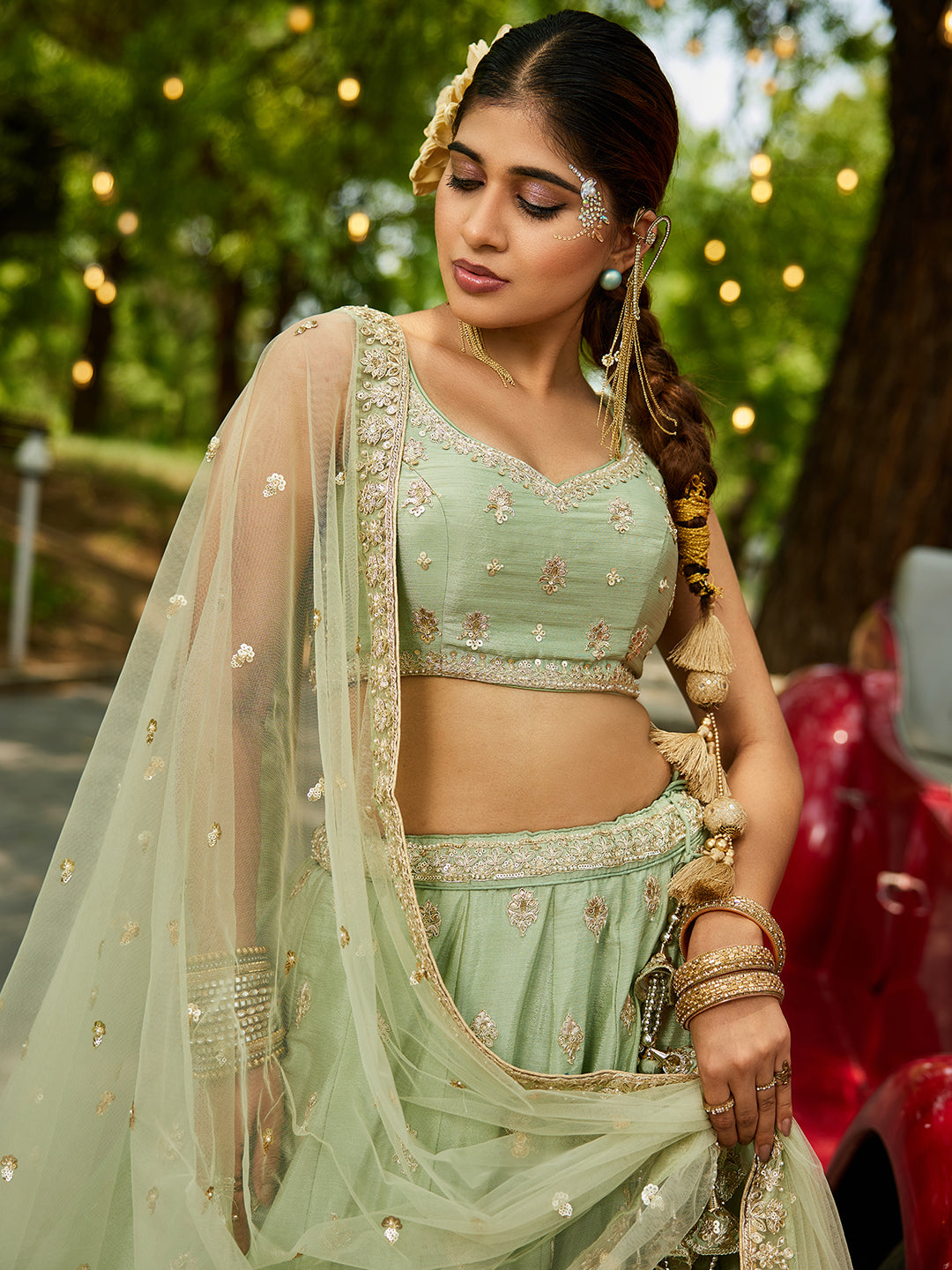 Limegreen - Chinnon Sequinse embroidery Semi-Stitched Lehenga choli & Dupatta - qivii