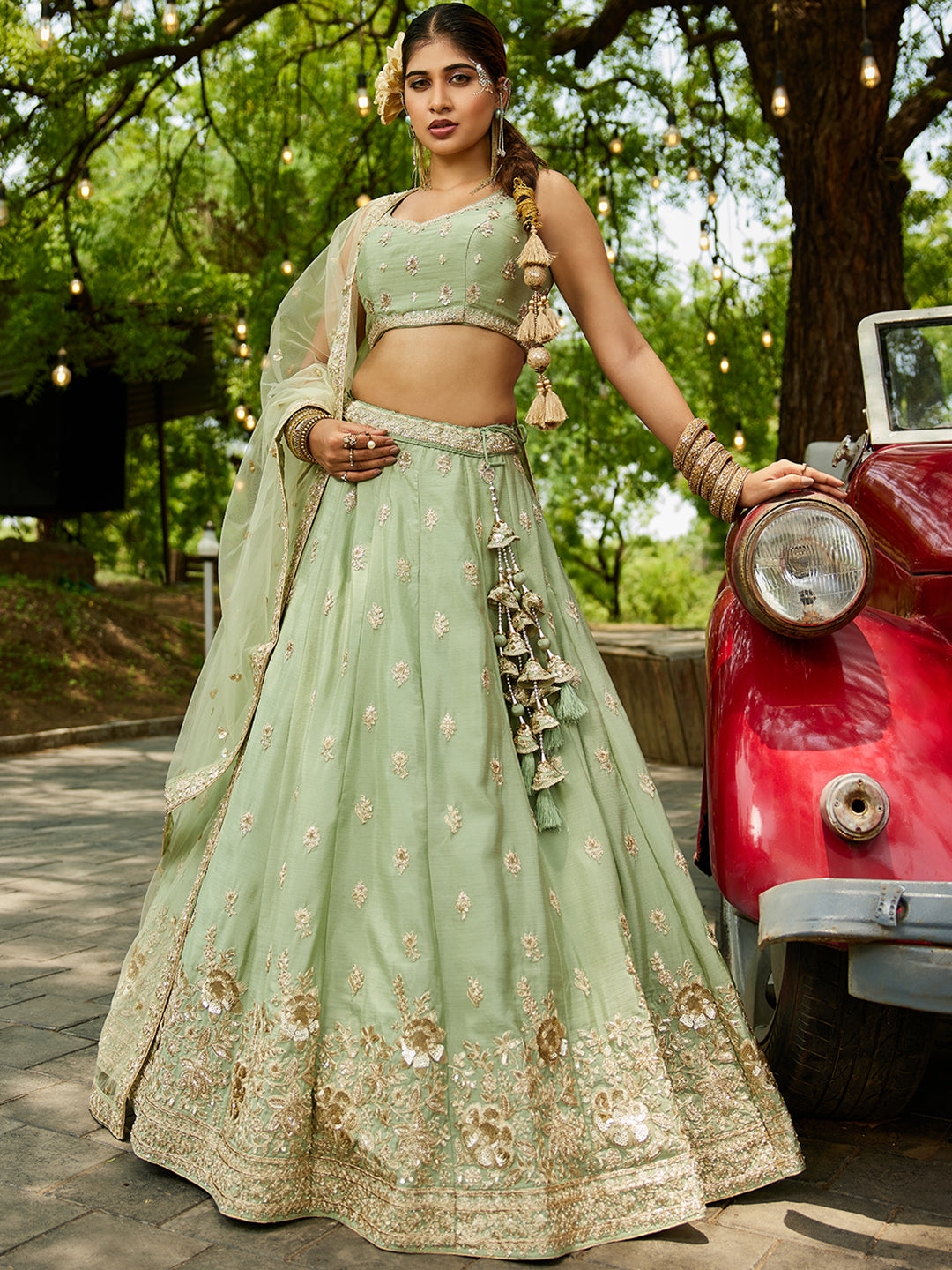 Limegreen - Chinnon Sequinse embroidery Semi-Stitched Lehenga choli & Dupatta - qivii