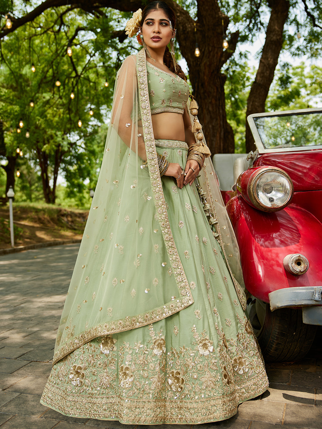 Limegreen - Chinnon Sequinse embroidery Semi-Stitched Lehenga choli & Dupatta - qivii