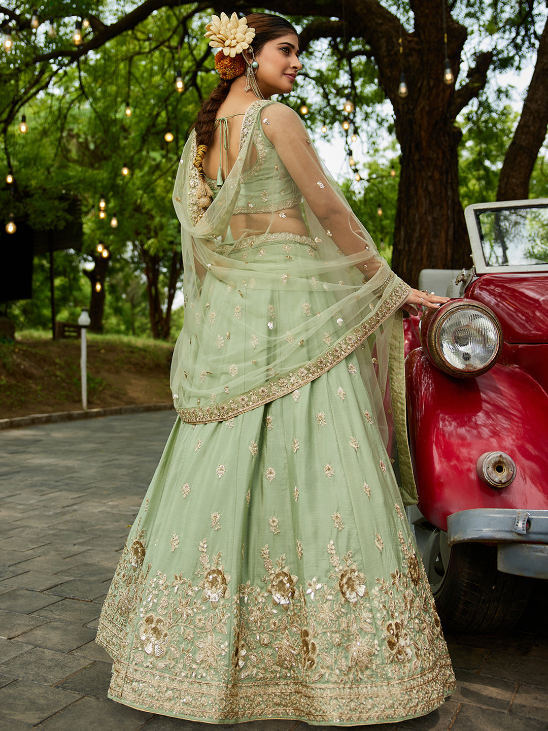 Limegreen - Chinnon Sequinse embroidery Semi-Stitched Lehenga choli & Dupatta - qivii